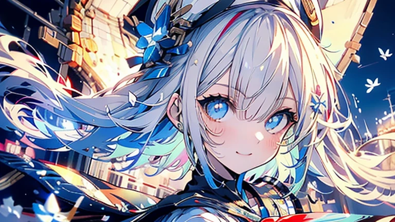 white hair and light blue hair, ahoge, shiny hair, floating hair, half updo, sailor hat, mole under eye, mismatched pupils, light smile, smile, anime, anime style, character chart, tachi-e, from above, UHD, retina, masterpiece, accurate, anatomically correct, super detail, high details, high quality, award winning, best quality, highres, 1080P, 16k,sailor hat is a hat worn by sailors. Also, a 's hat that imitates this. The top is flat and has no eaves, with a ribbon wrapped around the edge and the end hanging behind.She wears clothes called sailor uniforms, which are tops with distinctively shaped large collars called sailor collars. It is a military uniform for sailors and is used by the navies of various countries.she is on a large warship called a battleship, which has great offensive and defensive power.