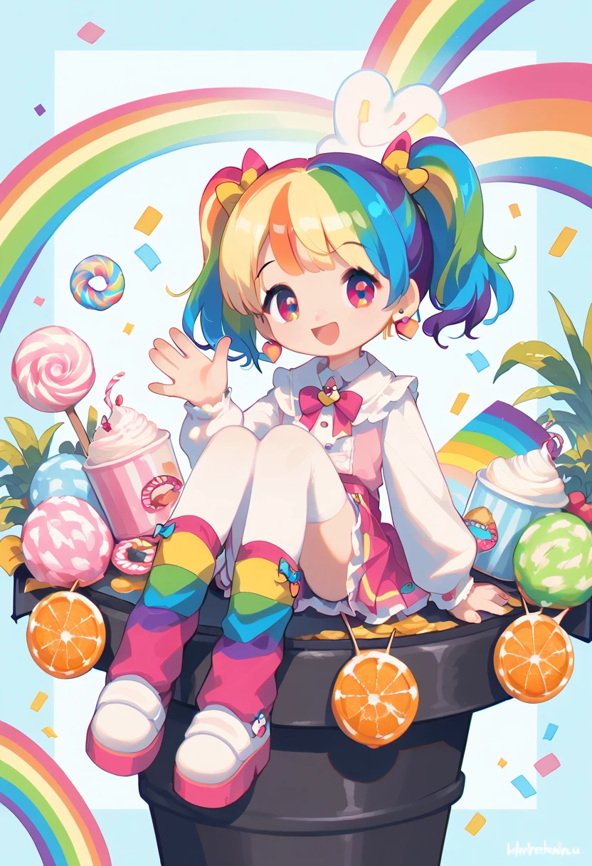 1girl, solo, masterpiece, best quality, (anime art style:1.0),hisui model_vol 5 SDXL rainbow hair, short hair, pigtails, smiling, short rainbow skirt, rainbow socks pastel pink shoes, cute girl, rainbow earrings, holding a tray filled with sweets like candy, white leg warmers, waving to the viewer, sitting on a pot of gold, yellow bows on her pigtails