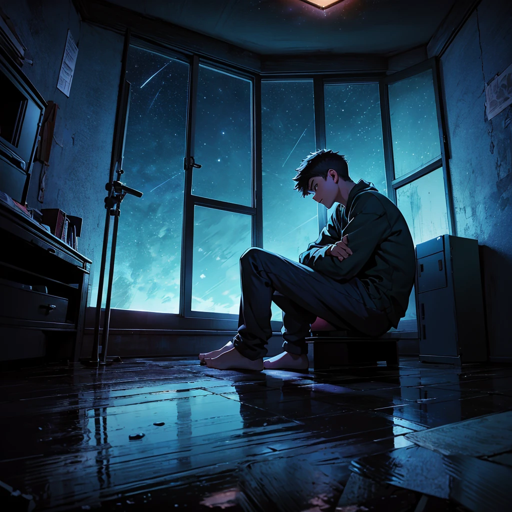 A teenage boy with a broken heart, in a room at night, sitting on his bed, looking out the window at the night sky. Self reflected in window.