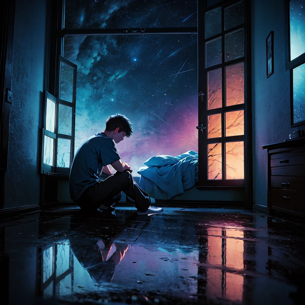 A teenage boy with a broken heart, in a room at night, sitting on his bed, looking out the window at the night sky. Self reflected in window.