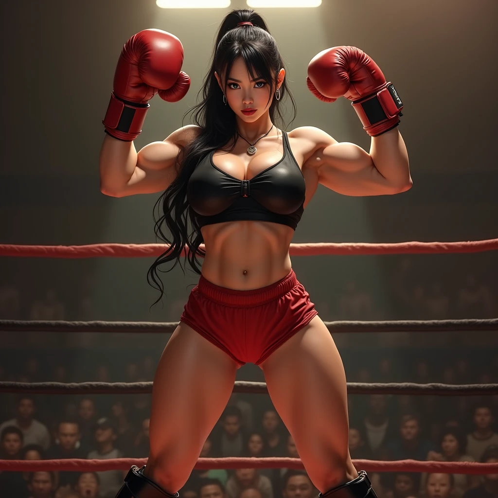 8k, best quality, masterpiece, realistic, real person, Unity 8k wallpaper, (1 girl) , Beautiful eyes, (Delicate face) , Perfect detail, (best lighting) , (super complex details) , (boxing girl) , (sexy), sweat, heavy breathing, ((screaming with big mouth open))))(oppressive aggression) , (boxing ring), athletic shorts, perfect detail, perfect fingers, perfect limbs, impact, (shiny skin), abs, muscles, big tits, waistline,boxing shorts, fist fight, black hair, high ponytail, very long hair, 4k unified, (super detail cg: 1.2), (8k: 1.2), realistic, octane rendering, (((martial arts tournament at the Greek Colosseum))), sunshine strong, audience seats are super full