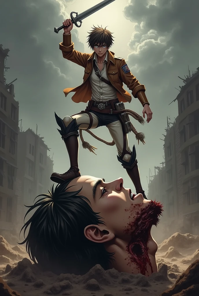 Eren Yeager attack on Titan, holding a dagger , On top of the head of a decapitated titan 