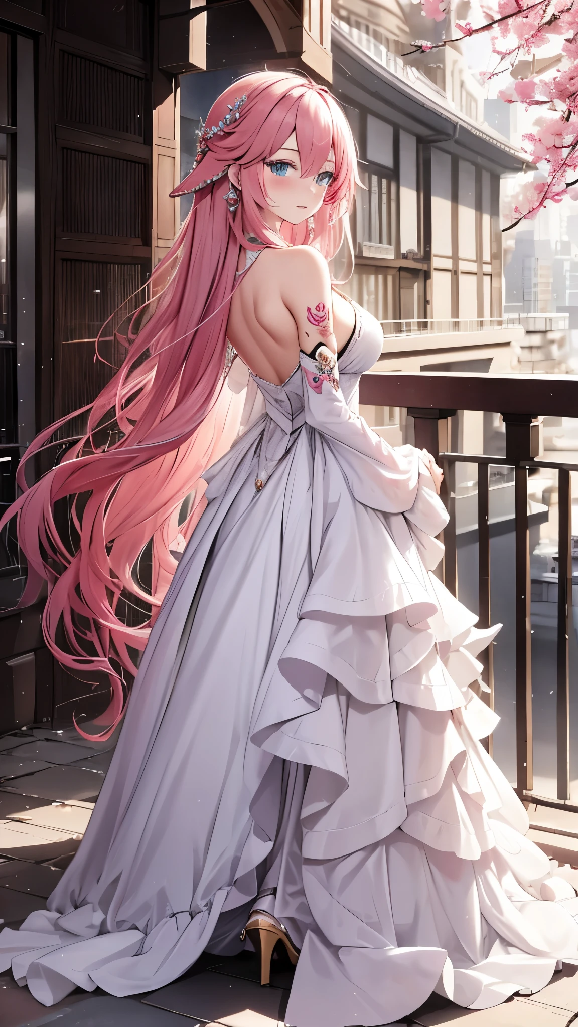 Wear a modern transparent dress that is elegant and noble,Intricately Designed Outfit,Beautifully dressed,Pink Long Wavy Hair,Modern Goddess,Light blue eyes,Sophisticated Modern Clothing,Looking back,tattoo back,night,She appeared in a bedroom of a luxury hotel,Seductive pose,8K,high resolution,yae miko