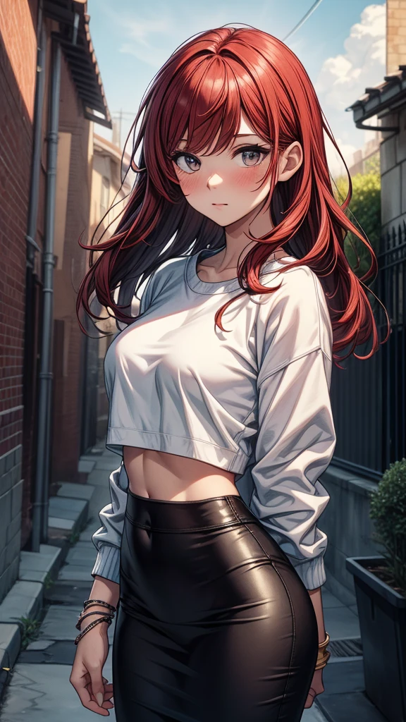 1 Girl, eyes closed, nose, elf ear, eyebrow, smiling, teeth, big red hair, black hair ends, bangs, hair between eyes, lora:add_detail, short sweatshirt on belly, short skirt, slim waist, belly , big chest, thick legs, big thigh, standing