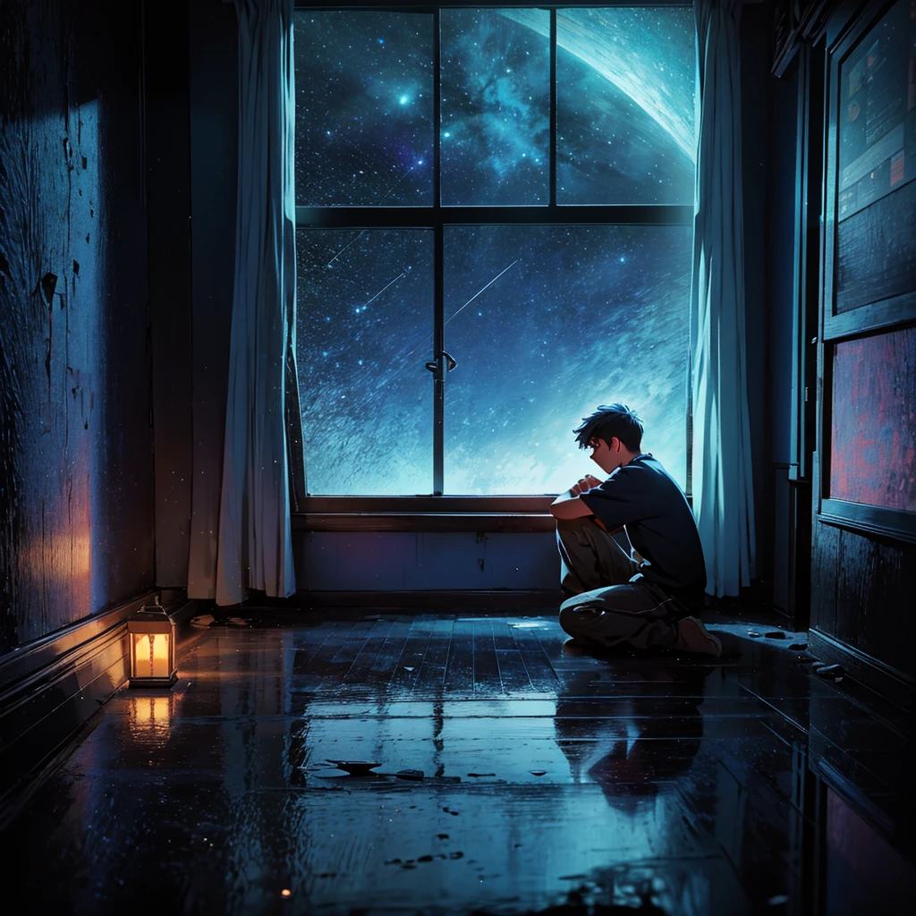 A teenage boy with a broken heart, in a room at night, sitting on his bed, looking out the window at the night sky. Self reflected in window.