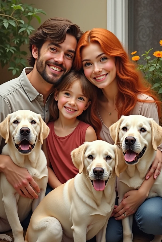 Happy family 40 year old mom blonde with brown eyes, 40 year old father with little brown hair and brown eyes, daughter with long brown hair and brown eyes, son, blond with blue eyes. With orange tabby kitten and white westie dog