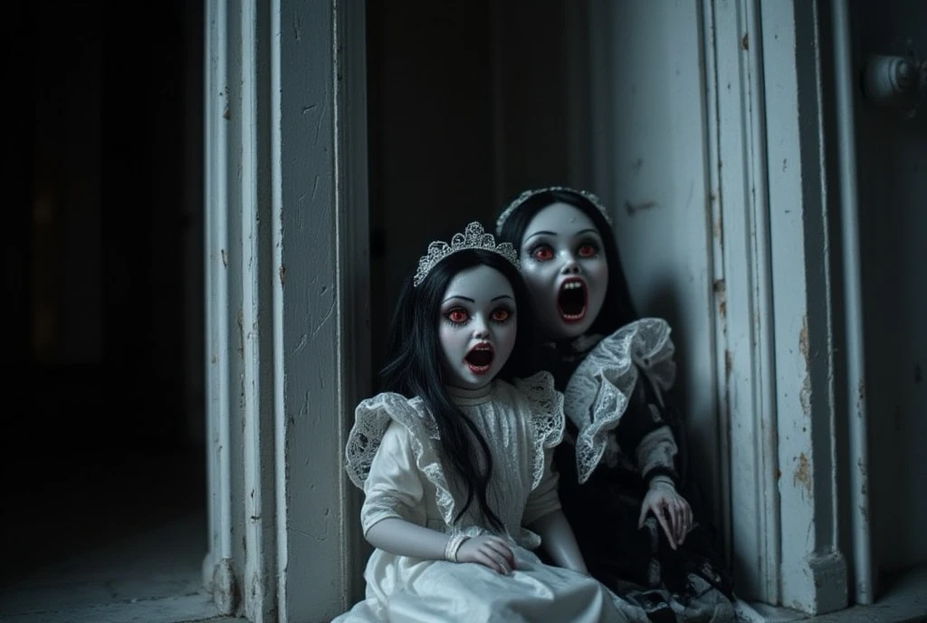 ((masterpiece)) ((photography)) ((Highest quality))  
kinetic close-up photo of  scarry little dolls with large mouth, a white face, big red eyes,  white and black hair, dark sinister  look. sitting next to an opened door. wearing white and black lace maiden dress. 