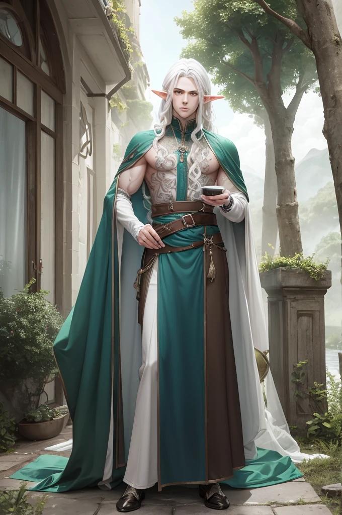 full body, create image of an elf man, male elf, masculine, slender but defined, pale skin, white hair and eyes, gray, other colors but as if they were cloudy: green, earth brown, blue; curly flowing hair that reminds of clouds. Rustic, closer to nature