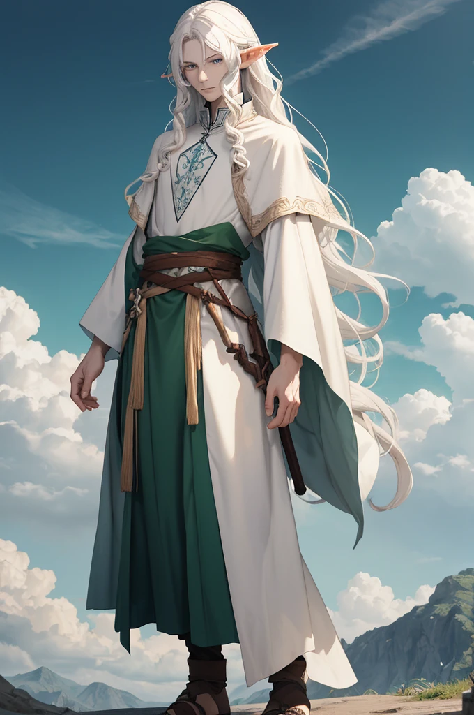 full body, create image of an elf man, male elf, masculine, slender but defined, pale skin, white hair and eyes, gray, other colors but as if they were cloudy: green, earth brown, blue; curly flowing hair that reminds of clouds. Rustic, closer to nature