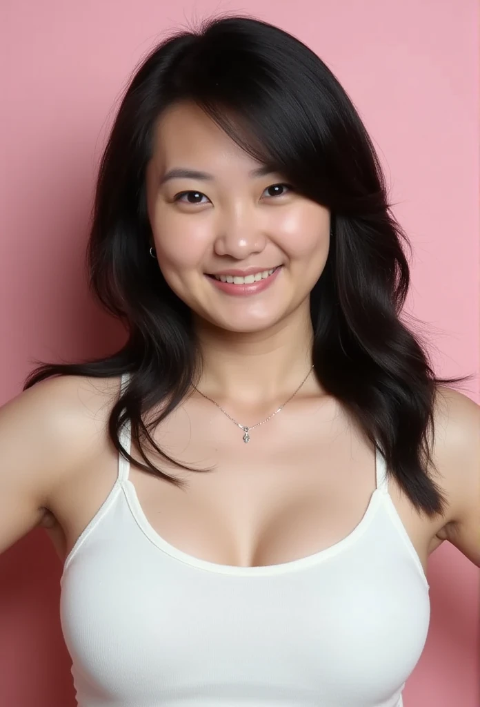 Pretty asian woman wearing white tight tanktop, light pink background, (((big breasts))), closed mouth, light smile, upper body shot, focused on breasts, (from below) 