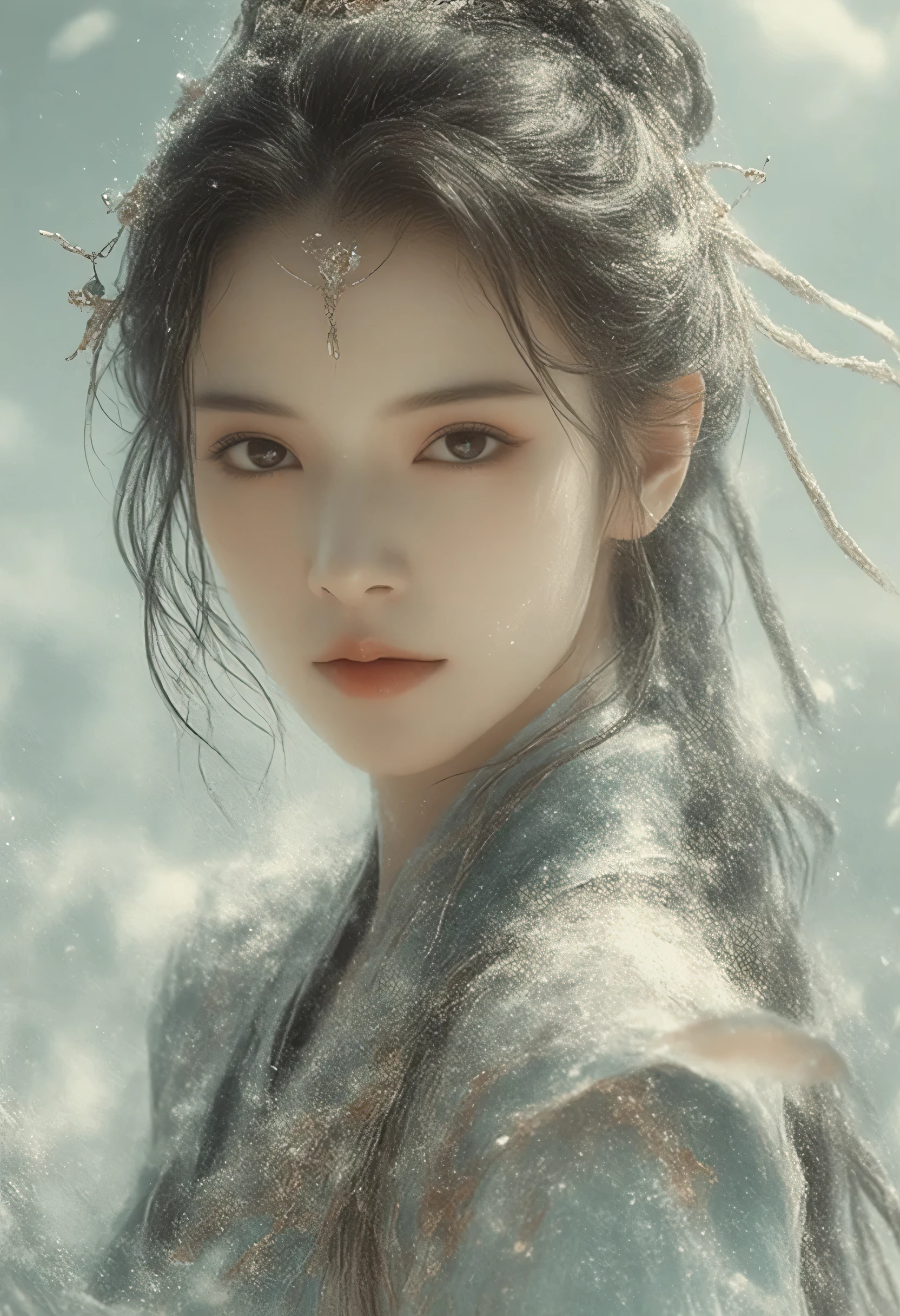 https://s.mj.run/0mWzB77bJKc A Chinese style mermaid wearing gold white black neon jewelry on her head, surrounded by fish in the sea, with exquisite details, delicate facial features, delicate eyes, long flowing hair behind her, surrounded by white golden clouds, fantasy, digital art techniques, illustrations, perfect composition, exquisite light and shadow effects, high-definition, high-resolution, full body photo, front view, movie texture, water surface, depth of field effect, ultra fine, full body shooting --ar 9:16 --v 6.1