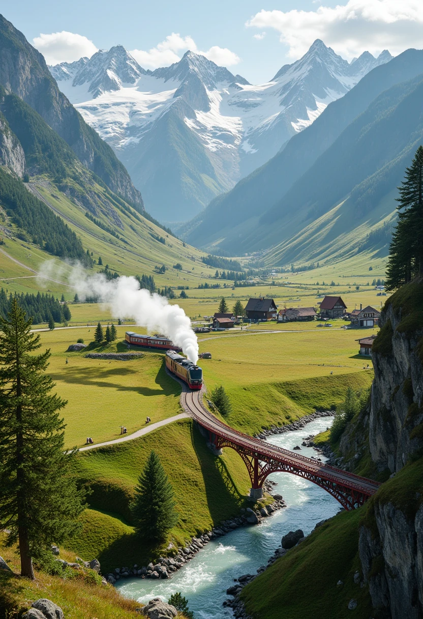 Rich meadows in alpine valleys, steam trains passing by the mountains, rivers, red bridges, clear air, scattered houses, warm sunlight, lingering snow on distant mountains, stunning scenery, and superb image quality.