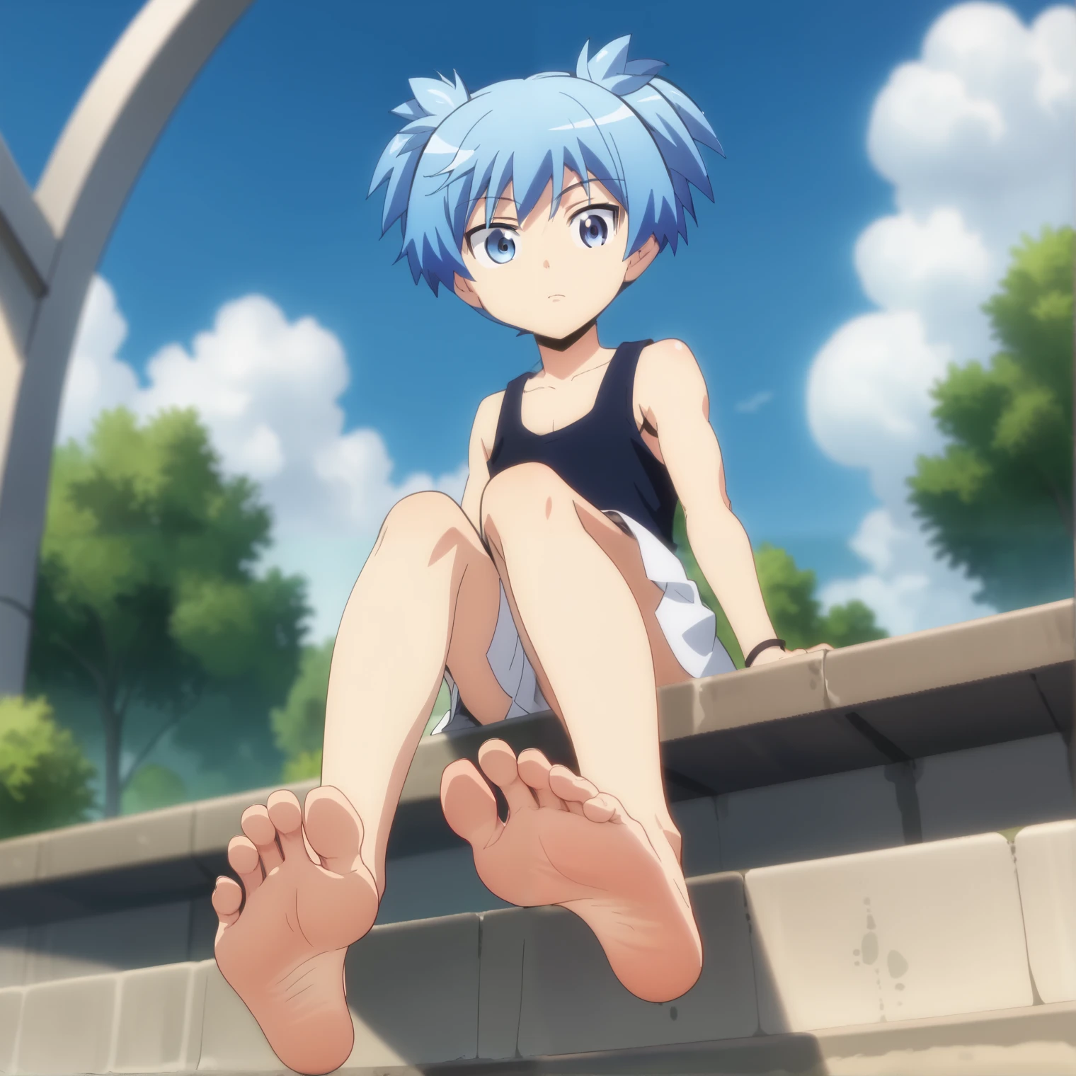 Score_9, score_8_up, source_anime, 1boy, Nagisa Shiota, big eyes, alone, looking at viewer, in the garden, sitting, cowboy shot, ANIME SCREENCAP, anime coloring, barefoot, perfect feet, anatomically correct, soles, low angle, focal length 35mm, each foot has five toes, front, symmetrical soles, foot focus, white skirt, black tank top, blue hair