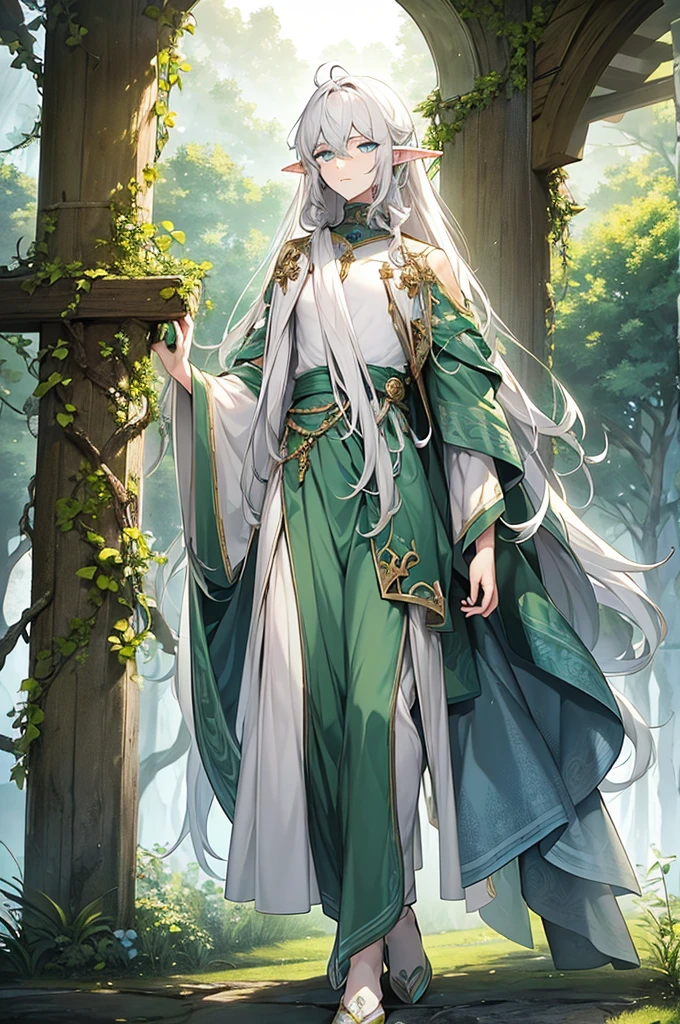 full body, create image of an elf man, male elf, masculine, slender but defined, pale skin, white hair and eyes, gray, other colors but as if they were cloudy: green, earth brown, blue; curly flowing hair that reminds of clouds. Rustic, closer to nature