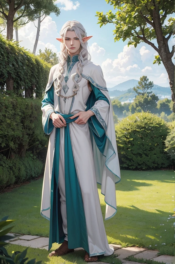 full body, create image of an elf man, male elf, masculine, slender but defined, pale skin, white hair and eyes, gray, other colors but as if they were cloudy: green, earth brown, blue; curly flowing hair that reminds of clouds. Rustic, closer to nature