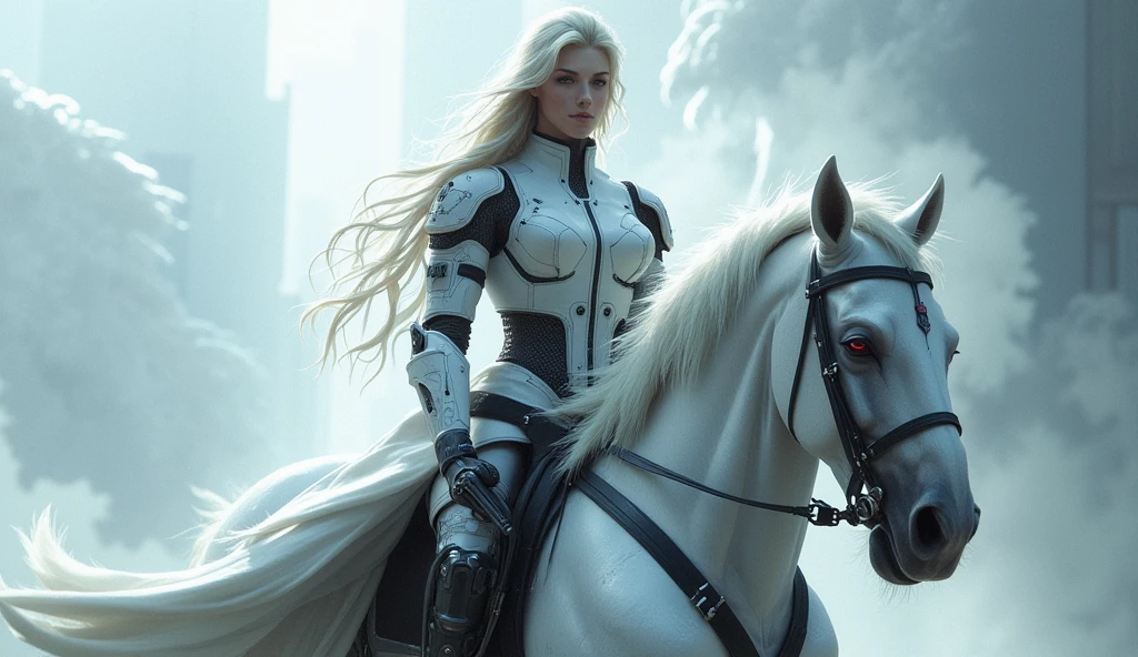 a semi robotic female knight riding a white mechanical horse with flowing long hair and holding a handgun is a future police officer,white future technology style,