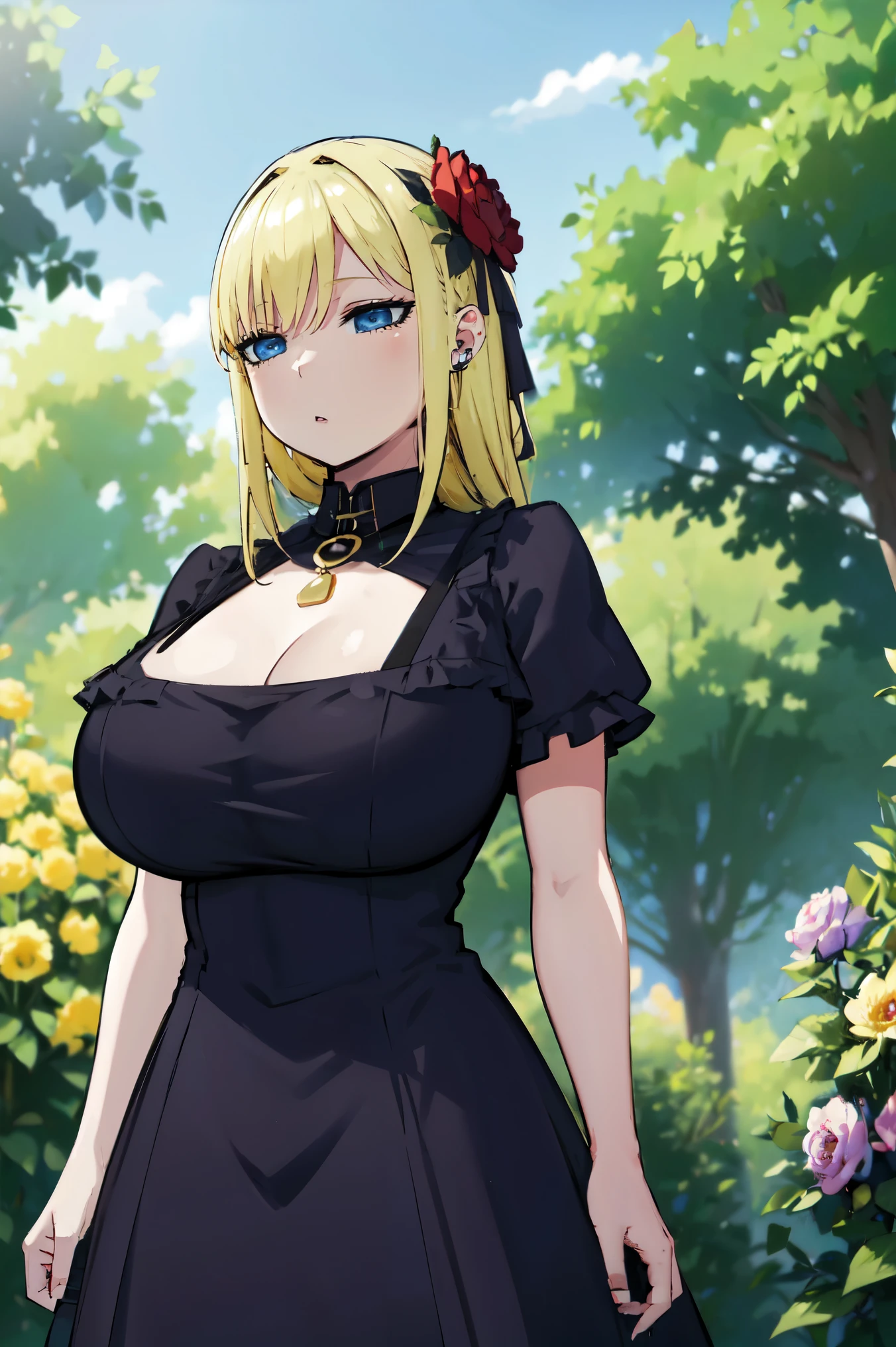 Blonde hair, huge tits   , (((black dress))),  thick, busty, blue eyes, ((upperbody)), emotionless, cleavage, flower garden