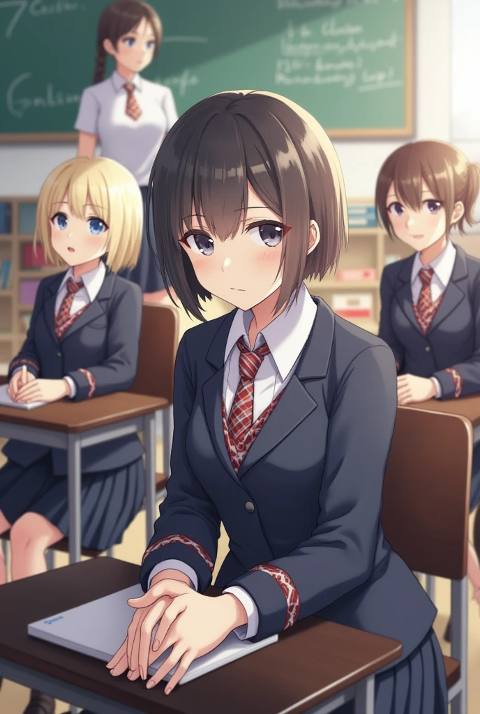 Group of 10 year old females(Black Hair、、Flat Chest)and a 33-year-old female teacher(Brown Hair、adult)、A frightened look on the face、Nipples、Pubic hair is visible、Group photo、classroom、Tied up crying