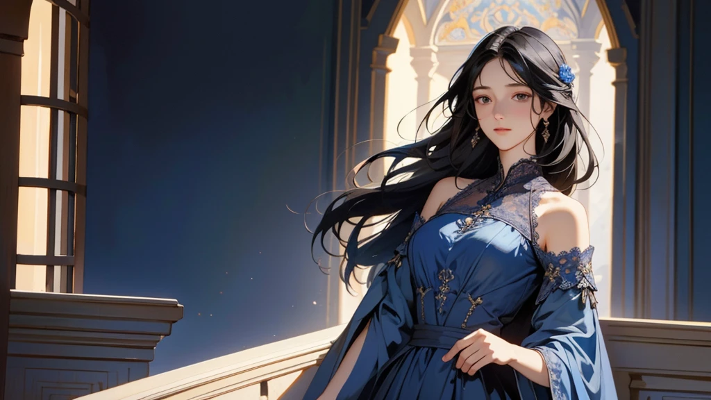 The brunette-haired, slightly curly, delicate navy blue eyes, ruddy thin lips, dressed in a pristine blue dress kissed the dashing boy in a black suit, tall, cold face, cold eyes, black hair clawed with glue