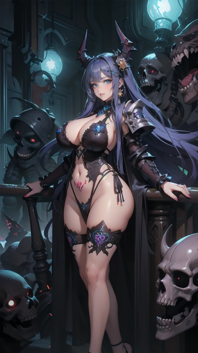 Create a hyper detailed photograph of a tattoos young sexy female berserker deathknight, Stunningly perfect gorgeous soft feminine face, perfect makeup, detailed vibrant Florent neon eyes, long hair, high detailed beautiful legs, high detailed beautiful arms, perfect sexy hour glass body figure, detailed smooth skin, gigantic breast, large round ass, seductive transparent lingerie, 
