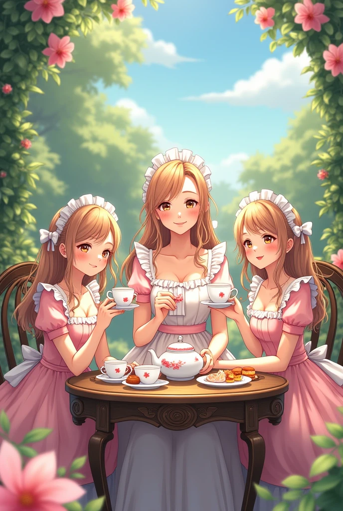 kawaii, anime, Cute, hyper quality, highly detailed, 16k, Front facing, Clarity, smile, one girl, brown long hair, green eyes, highlight on eyes, Kiwi fruit, Tea party, black tea, upper body, have a fork, Afternoon tea, Macaron, tart, fruits, full of light, prism effect, heart accessories, angel wing accessories, brown bird stuffed animal, Maid clothes, sit on a chair, sweets and tea on the table, Fruit basket, garden party, glass teapot, gardening, tea party in the garden, table cloth, golden kiwi, kiwi, There is only one character, 	