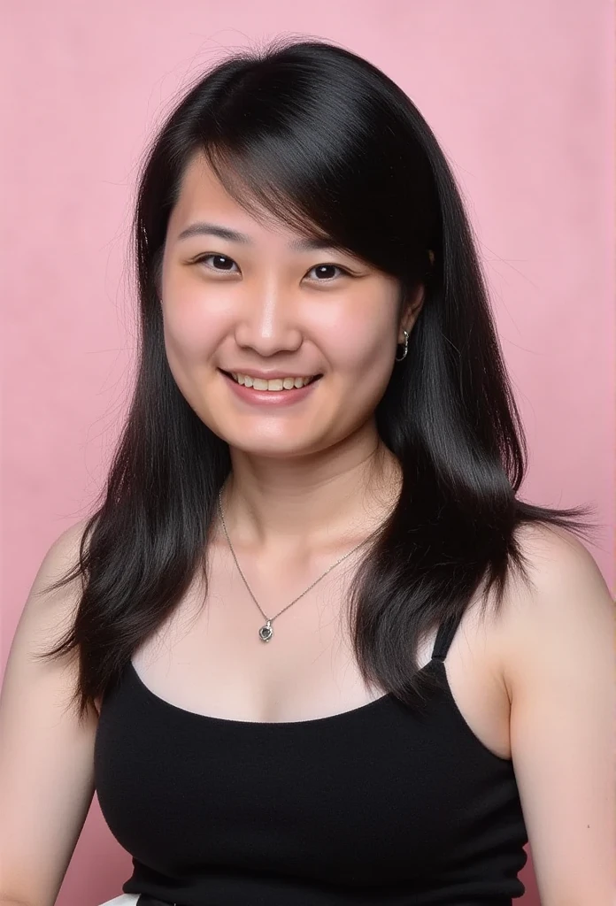 Pretty asian woman wearing black tight tanktop, light pink background, (big breasts:1.3), closed mouth, light smile, upper body shot, focused on breasts, (from below) 