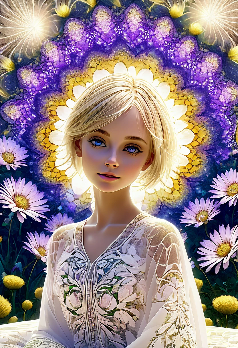 a beautiful girl with short blonde hair in a field of flowers, elegant mandala and fractal patterns in the background, soft bedsheets, ethereal fantasy atmosphere, (best quality,4k,8k,highres,masterpiece:1.2),ultra-detailed,(realistic,photorealistic,photo-realistic:1.37),intricate details,delicate colors,dramatic lighting,surreal landscape,dreamlike,magical