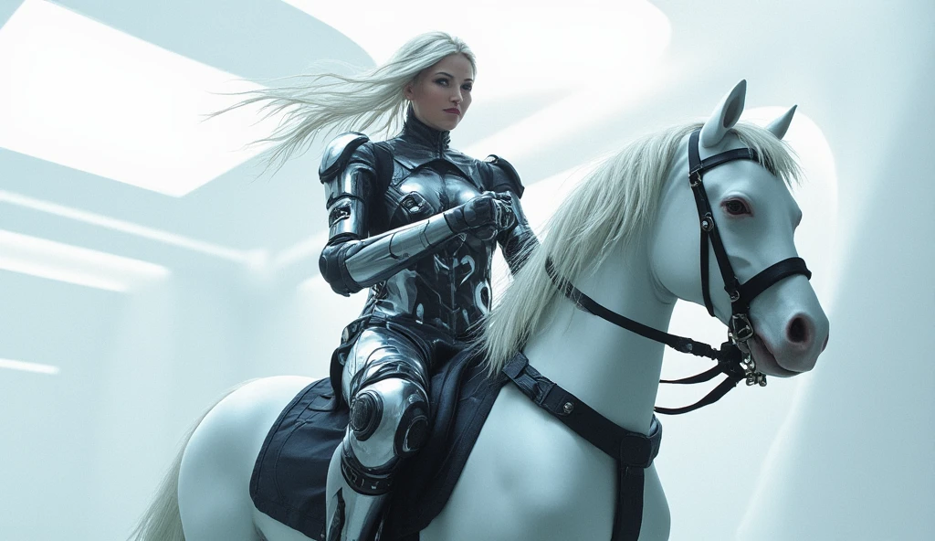 a semi robotic female knight riding a white mechanical horse with flowing long hair and holding a handgun is a future police officer,white future technology style,