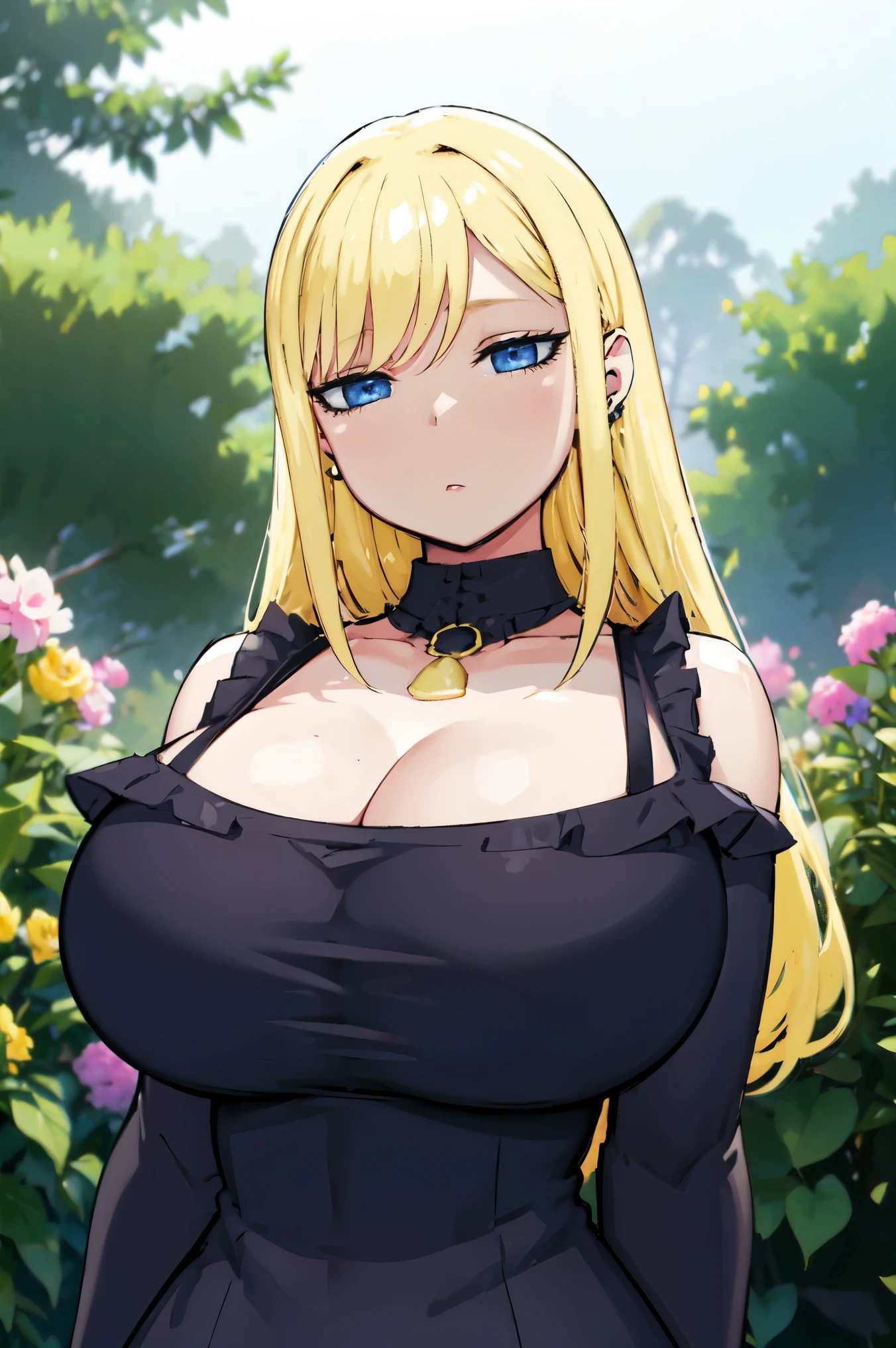 Blonde hair, huge tits   , (((black dress))),  thick, busty, blue eyes, ((upperbody)), emotionless, cleavage, flower garden