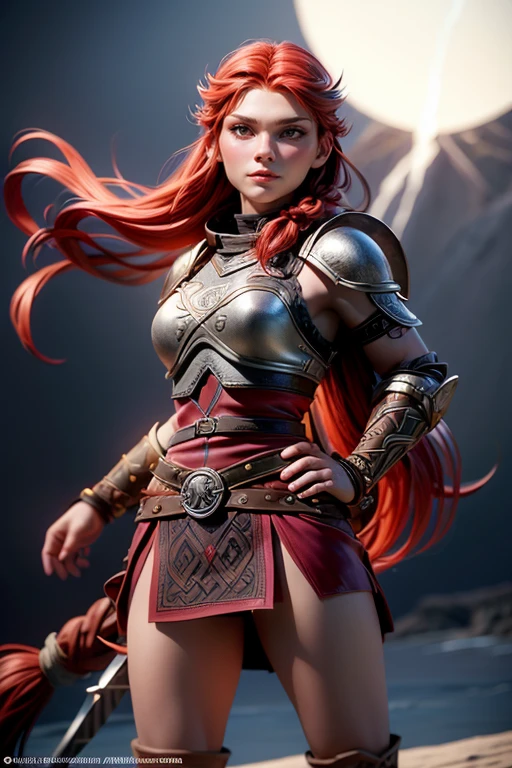  Young Viking woman , warrior,  long red hair tied in a single braid , front view,  amazonian body ,  woman wears leather armor with leather linings and Celtic and Nordic knots, fur skirt,  top quality ,  masterpiece, super detail,  lyrics,  Cinematic lighting ,  plain white background , without patterns, No textures.