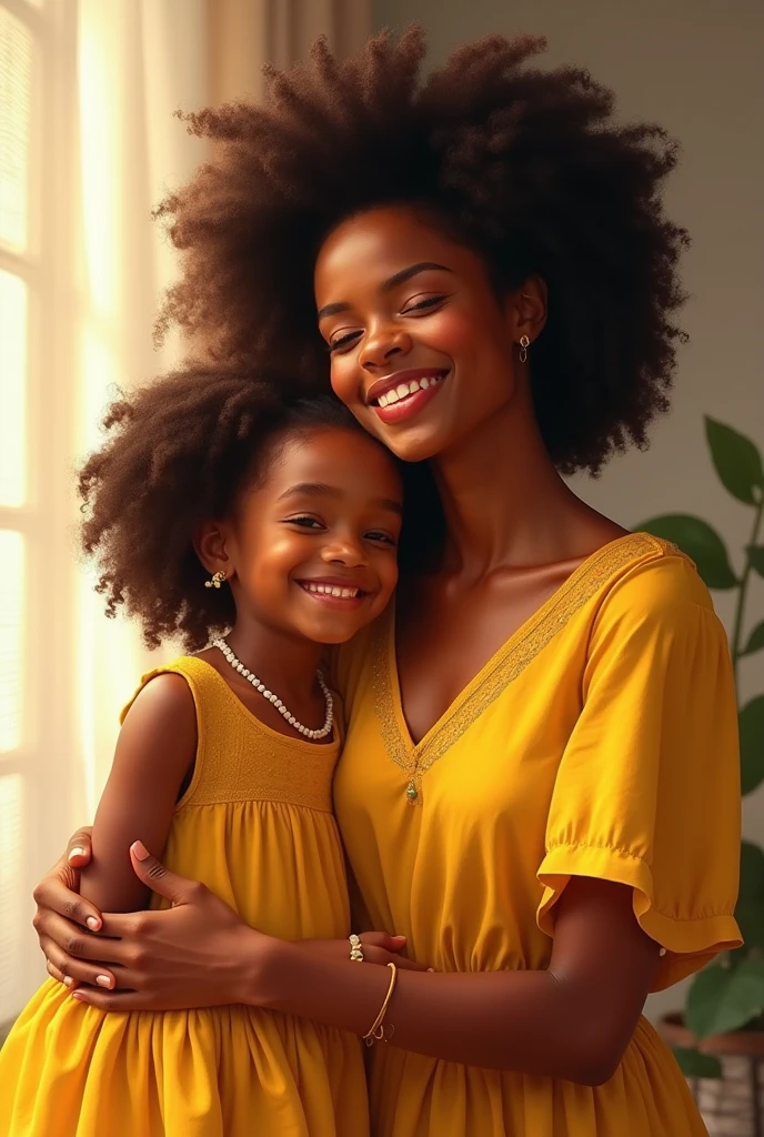 Realistic photo of black mother playing with her two happy and cheerful daughters 