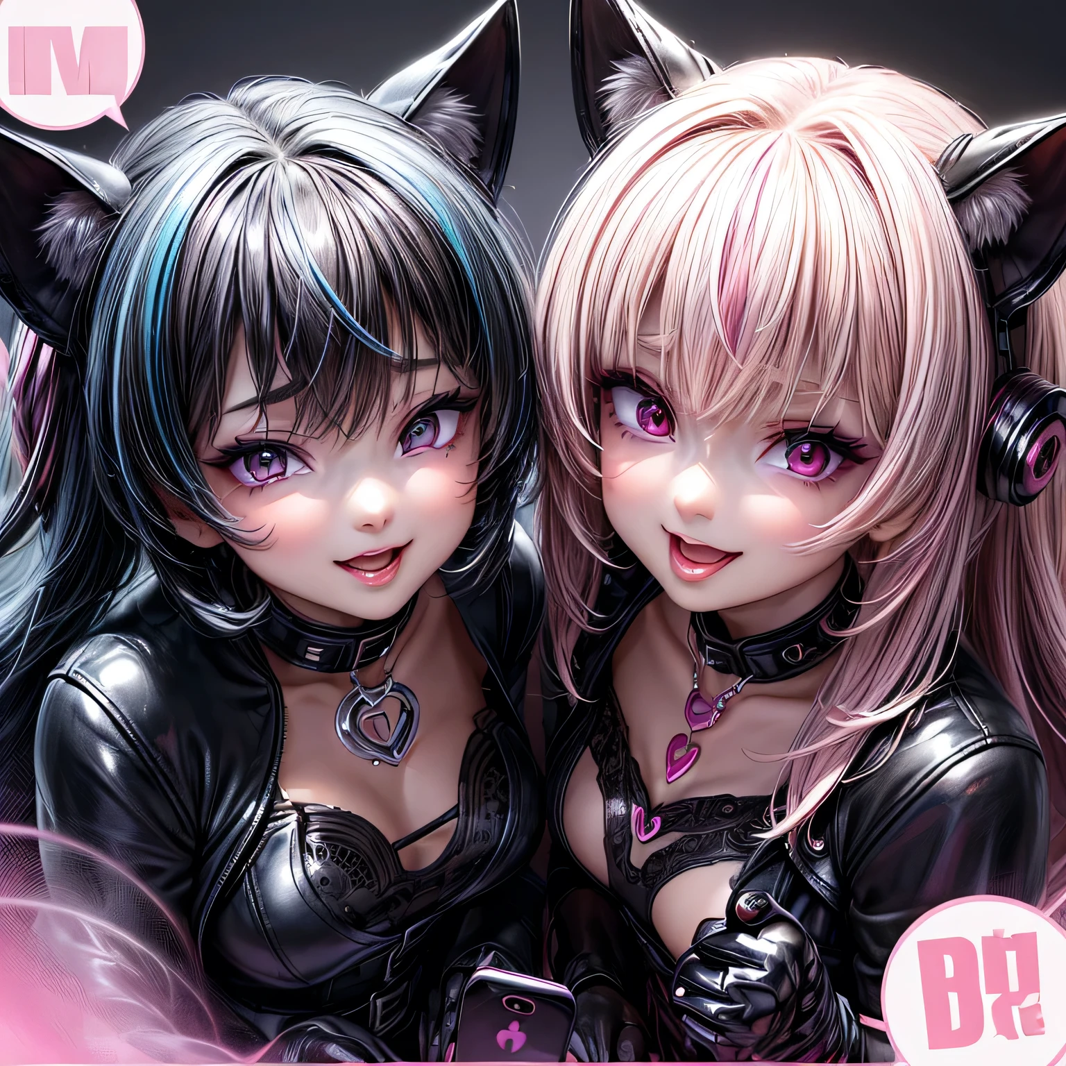 (masterpiece, best quality:1.2), 2girls, looking at viewer, smile, portrait, simple background BREAK 1girl, <lora:Crazed_Moneko-10:0.5>, crazed moneko, white eyes, skirt, cat ears, animal hands, o_o, headset BREAK 1girl, <lora:Moneko-09:0.7>, moneko, pink dress, cyan bow, cat tail, :3, headset