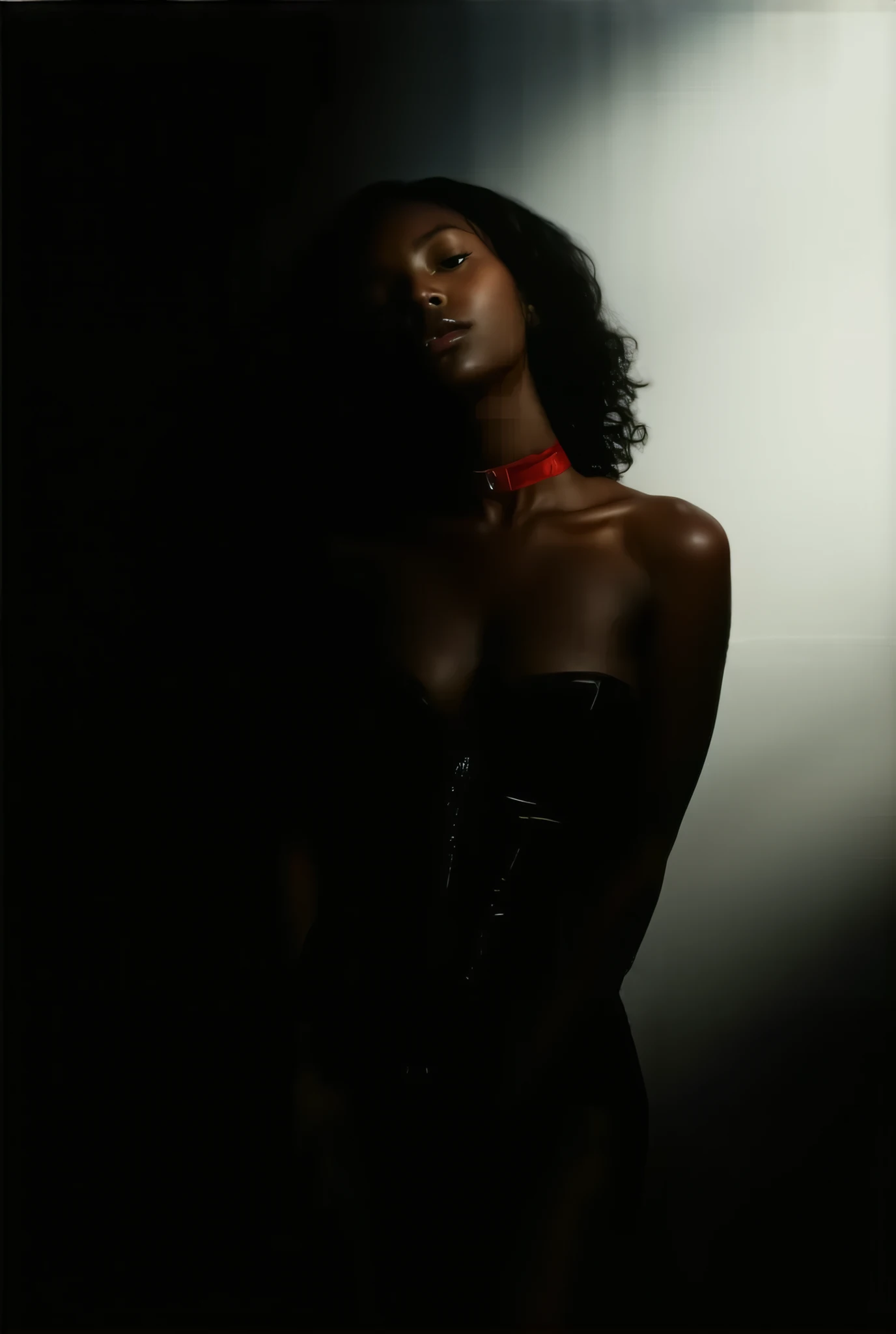 
(backlit:1.1)(back:1.3) to the (camera:1.1) (showing:1.1) (ass:1.1) ( seductive :1.1) (22. (african:1.2) (woman:1.1) with (wide) hips she is wearing BDSM (corset) (dark:1.2) wavy hair is in a completely (dark:1.1) open room with the (only:1.1) (soft (volumetric:1.1) (chiaroscuro:1.2) lighting from one large softbox directly above and in front of her:1.1) (volumetric:1.1) (light:1.1). She is wearing a BDSM (red choker:1.1) She is (sensual:1.4) and (glistening:1.2). The scene is shot with (Kodakportra1600:1.1) (filmgrain:1.1) (Analogcamera:1.1) (Sharpdetails:1.1) (50mm:1.1) 