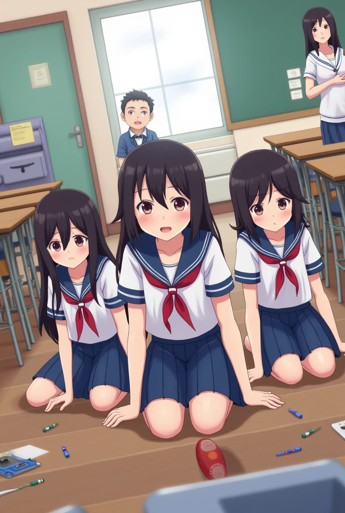 A group of naked busty schoolgirls、Looking at the boy lying on the ground、Hentai