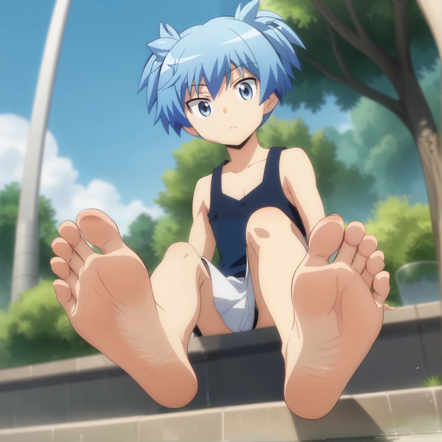 Score_9, score_8_up, source_anime, 1boy, Nagisa Shiota, big eyes, alone, looking at viewer, in the garden, sitting, cowboy shot, ANIME SCREENCAP, anime coloring, barefoot, perfect feet, anatomically correct, soles, low angle, focal length 35mm, each foot has five toes, front, symmetrical soles, foot focus, white skirt, black tank top, blue hair