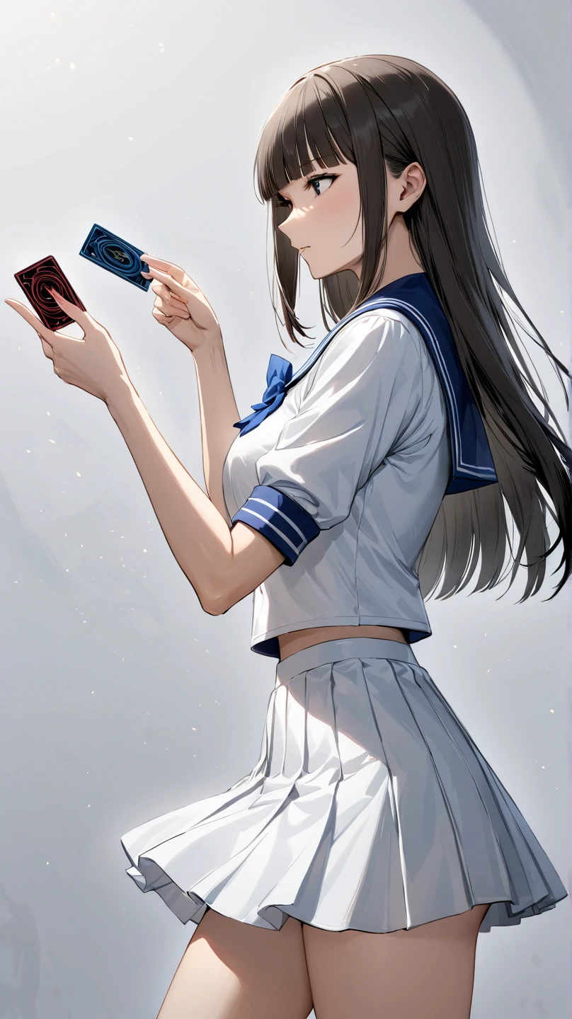 from side,cowboy shot, Woman in sailor suit enjoying card duels　,Woman 　holding one card,Grab the card with your fingers. hands holding card,miniskirt ,Beautiful thighs, hand, {{masterpiece}}, {{{Highest quality}}},{{Very detailed}},,Straight hair,Long hair , blunt bangs,,One card,,(((white background))),future-style card