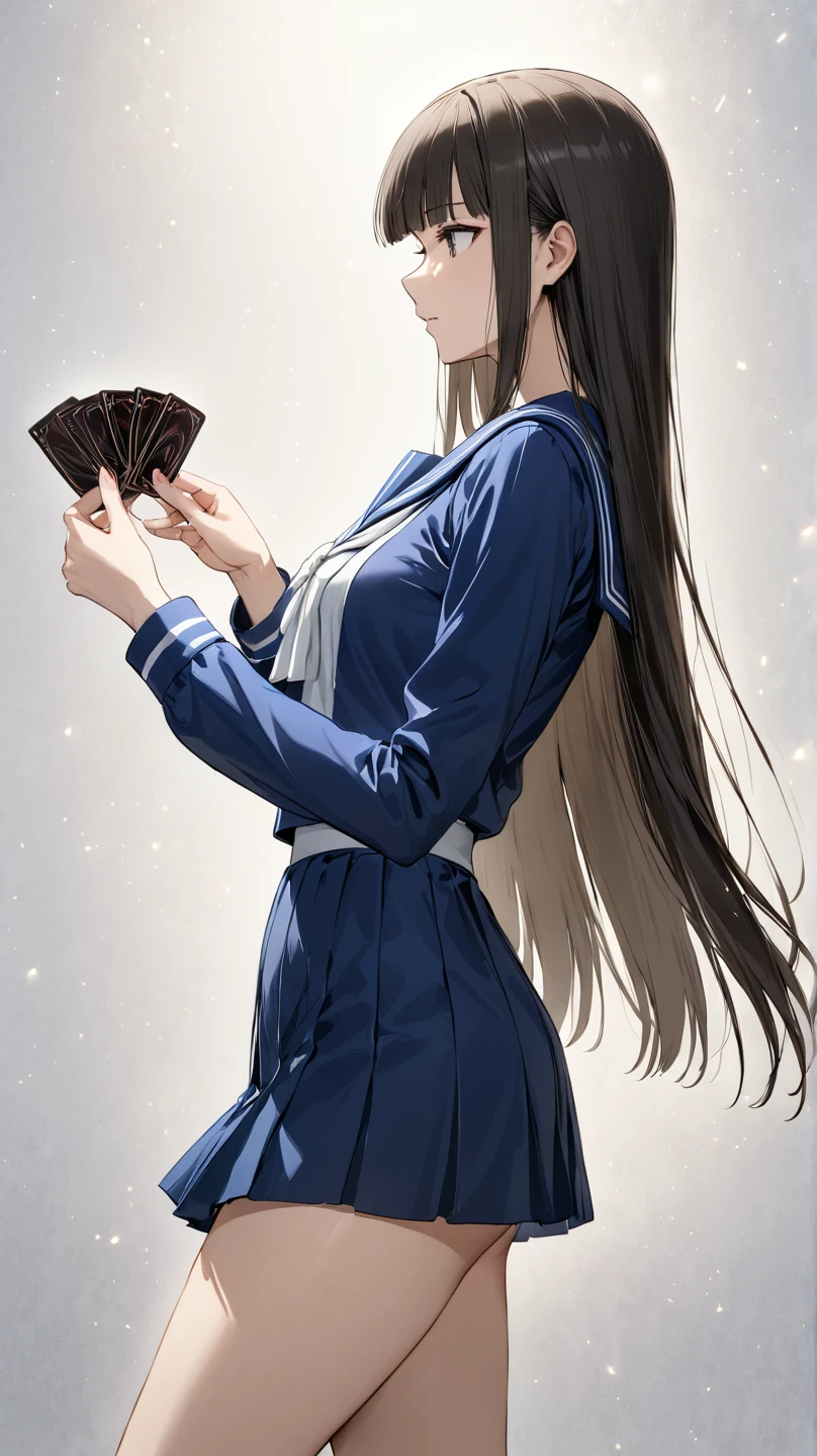 from side,cowboy shot, Woman in sailor suit enjoying card duels　,Woman 　holding one card,Grab the card with your fingers. hands holding card,miniskirt ,Beautiful thighs, hand, {{masterpiece}}, {{{Highest quality}}},{{Very detailed}},,Straight hair,Long hair , blunt bangs,,One card,,(((white background))),future-style card