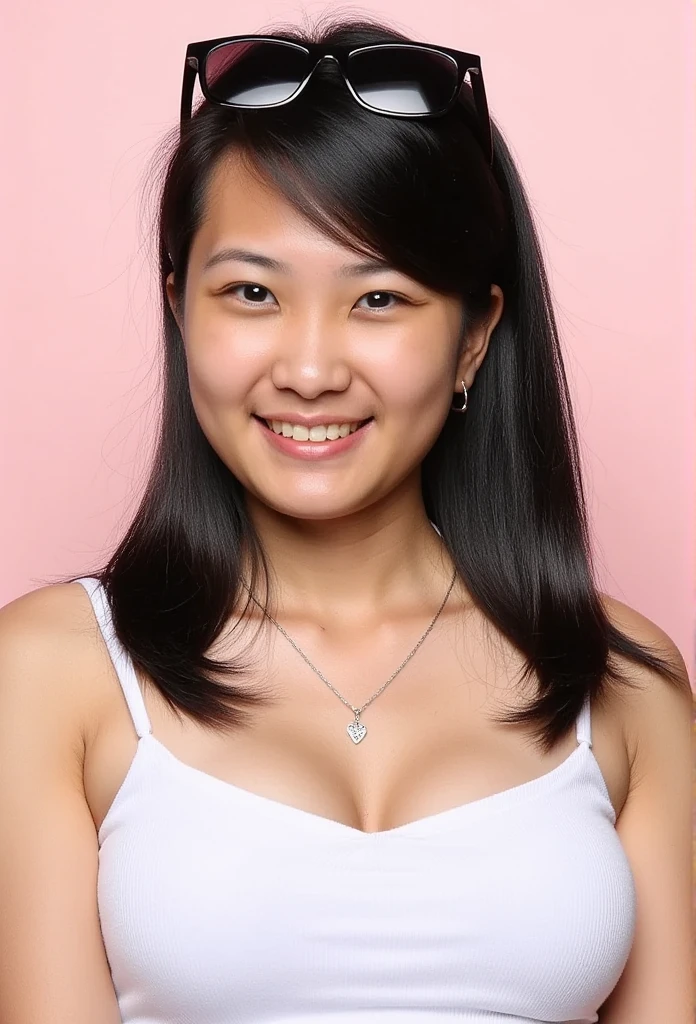 Pretty asian woman wearing wet white tight tanktop, light pink background, sweat, shinny wet skin, (big breasts:1.3), cute light smile, closed mouth, light smile, upper body shot, focused on breasts, (from below), sunglasses above head