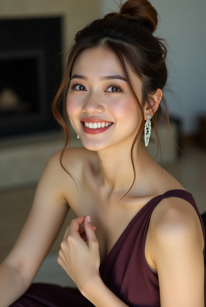 Beautiful Model, one-shoulder tight evening dress。Smile。teeth。Sitting。 skin details ，Photo poses，Healthy skin， high bun，Hairstyle，Exquisite jewelry，Natural Light。