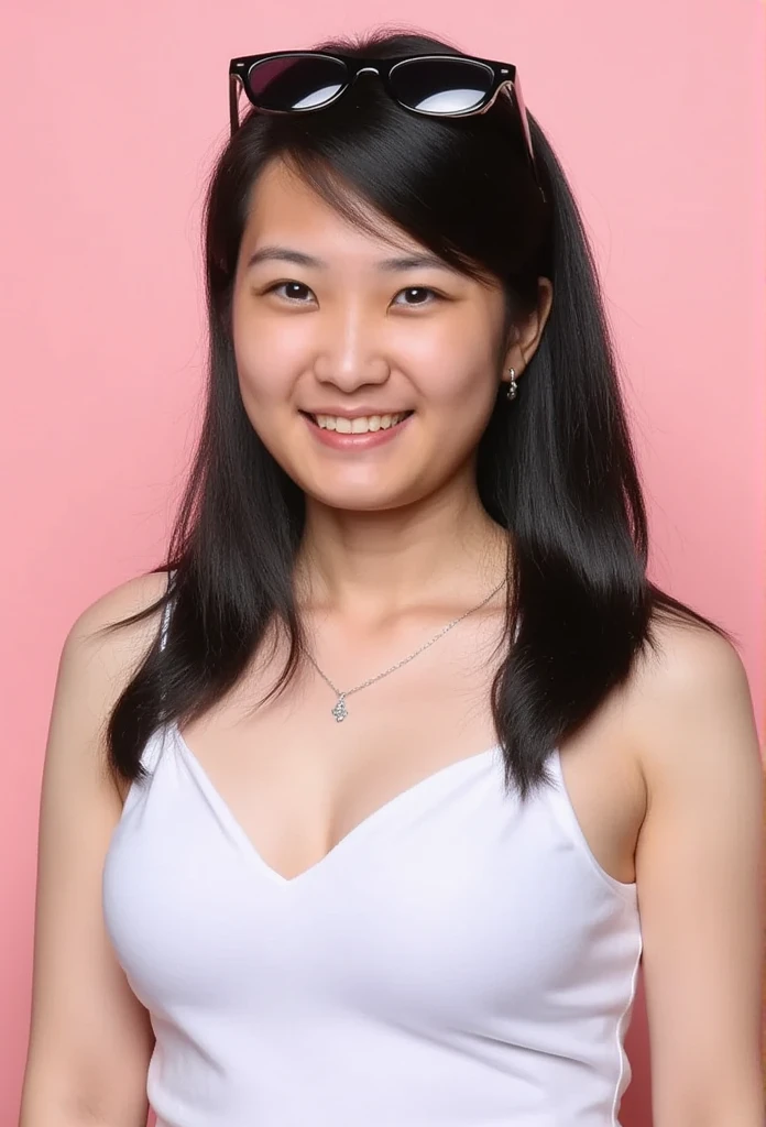 Pretty asian woman wearing wet white tight tanktop, light pink background, sweat, shinny wet skin, (big breasts:1.3), cute light smile, closed mouth, light smile, upper body shot, focused on breasts, (from below), sunglasses above head