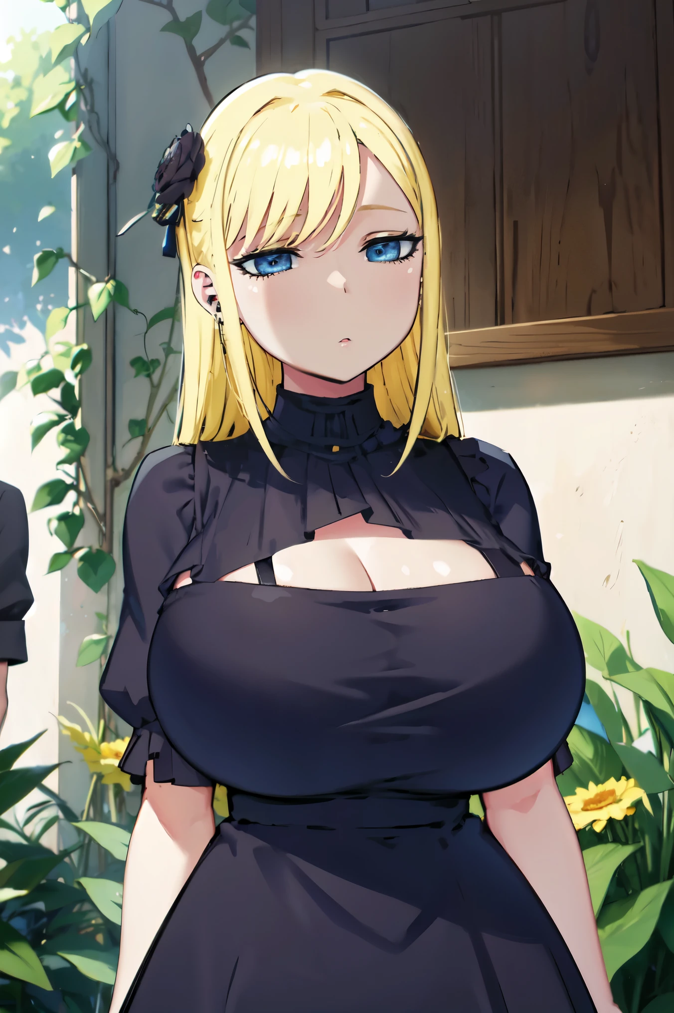 Blonde hair, huge tits   , (((black dress))),  thick, busty, blue eyes, ((upperbody)), emotionless, cleavage, flower garden