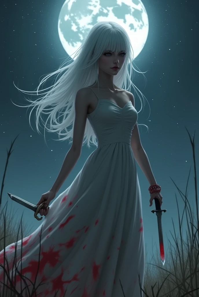 A cartoon image of a woman in a white outfit and a knife, covered breasts y sfw, [ Artedigital 4K ]!!, covered breasts, only, flowing white robes, Translucent white skin, thick, smooth Translucent white skin, only outfit, Ahegao, OPPAI, top rated on pixiv, OPPAI biomecánicos, Moon Knight 2