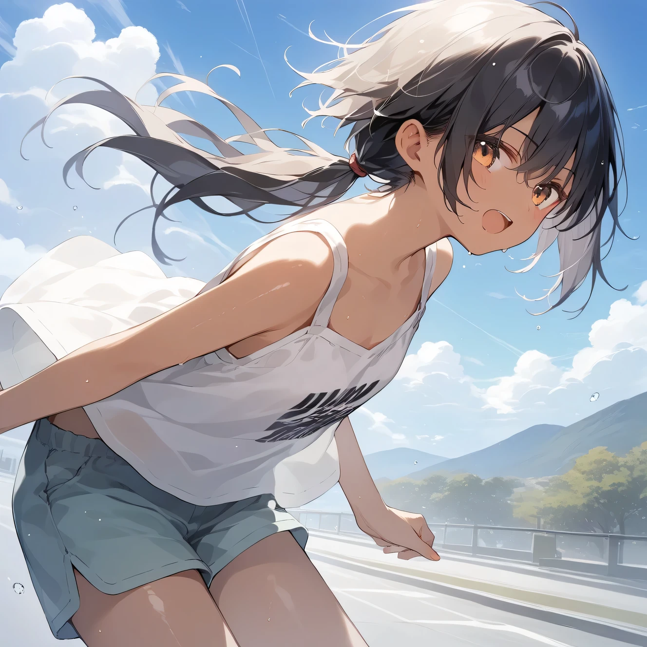 score_9, score_8_up, score_7_up, source_anime, best quality, masterpiece, official art, absurdres, highres, ultra-detailed,waifu2x,Collection: Slice of Life,break,1girl, tomboy, dark-skinned female, short hair, low ponytail, flat chest, beautiful detailed eyes, shorts, sweat, open mouth, (yawn:0.3), sleepily, outdoors, wind,break,(clear line illustration:1.2), super detailed skin,very high resolution, very aesthetic, Best sexual lighting powered by famous artist, 8k,cute picture,beauty illustration,photoshop_(medium),,(Detailed Lighting),best anime 8k konachan wallpaper, pixiv contest winner, 