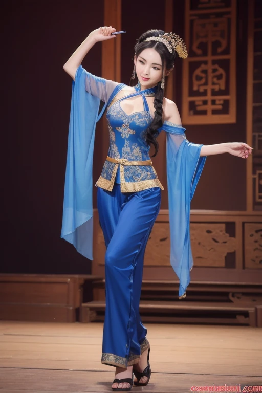The woman is wearing a chiffon oriental ancient dance costume, a tulle shawl on the outside, and chiffon trousers on the bottom. She is an oriental beauty with a very Chinese style. The costume is very Song Dynasty style. She has her back to the woman, her hips are raised, her pants are wet, and she has a very delicate face. Her hair , straight and long