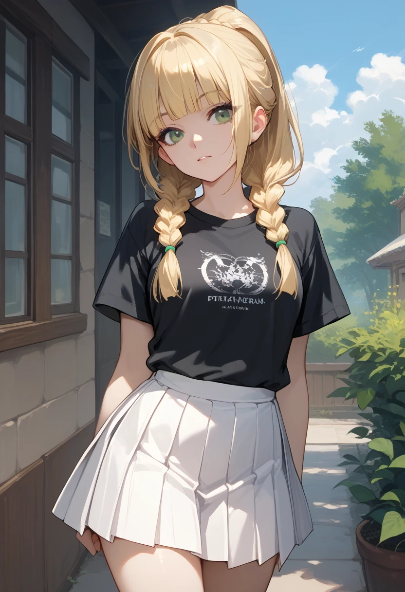 score_9, score_8_up, score_7_up, source_anime,long hair/ponytail, blonde hair, green eyes, braid,twin braids, blunt bangs,shirt, skirt, white skirt, short sleeves, black shirt, pleated skirt, t-shirt

