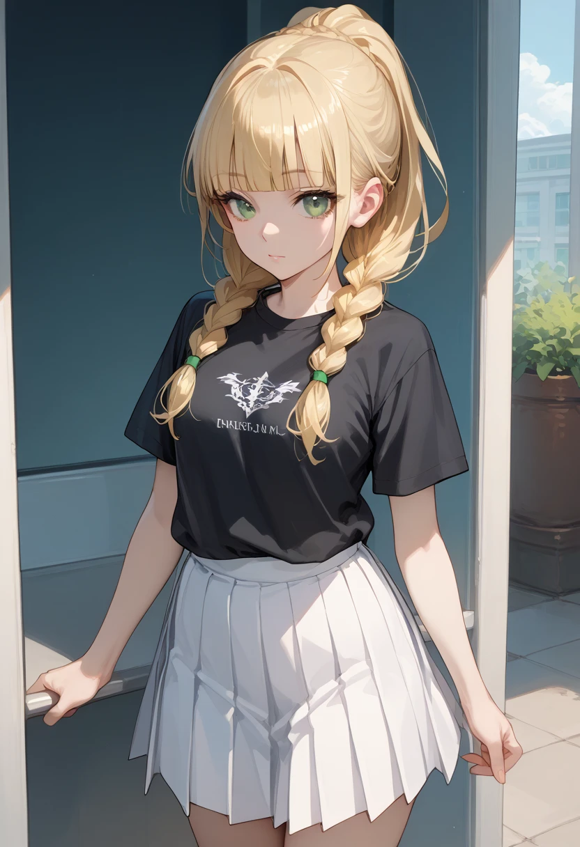 score_9, score_8_up, score_7_up, source_anime,long hair/ponytail, blonde hair, green eyes, braid,twin braids, blunt bangs,shirt, skirt, white skirt, short sleeves, black shirt, pleated skirt, t-shirt

