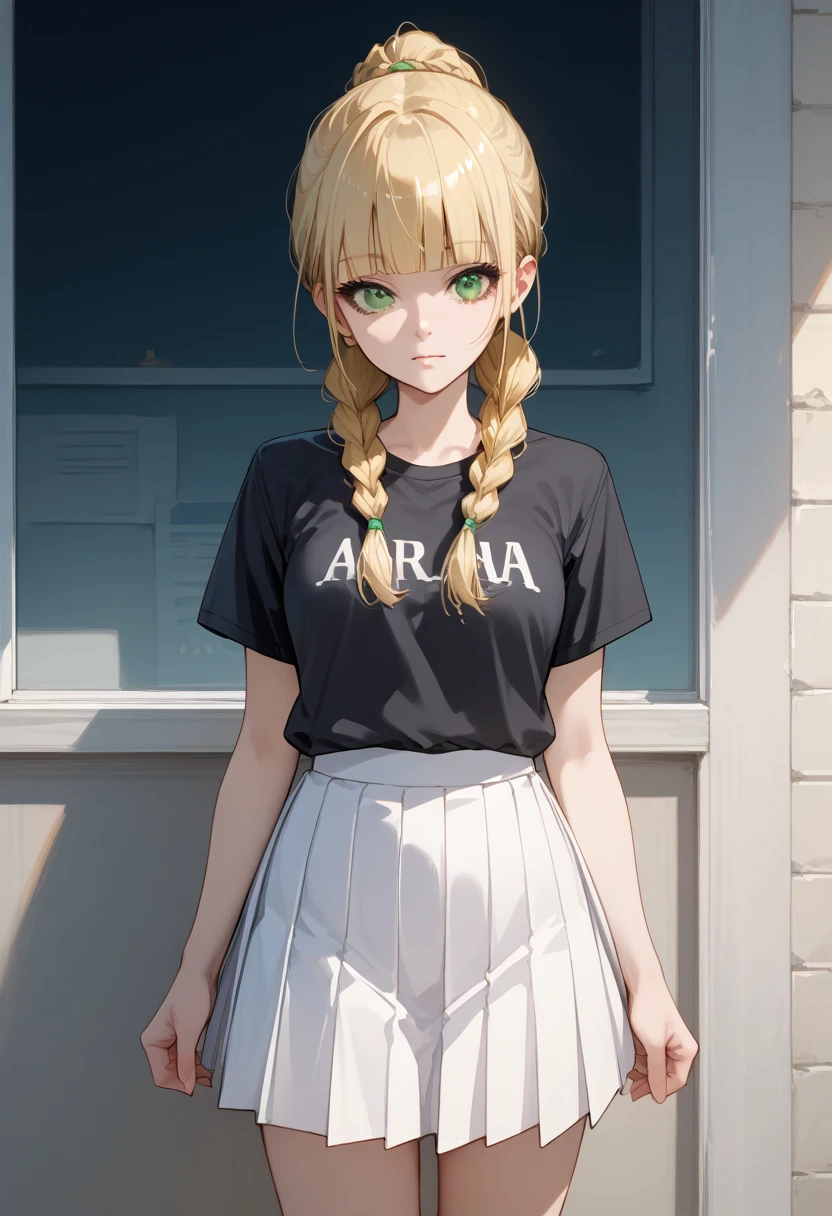 score_9, score_8_up, score_7_up, source_anime,long hair/ponytail, blonde hair, green eyes, braid,twin braids, blunt bangs,shirt, skirt, white skirt, short sleeves, black shirt, pleated skirt, t-shirt

