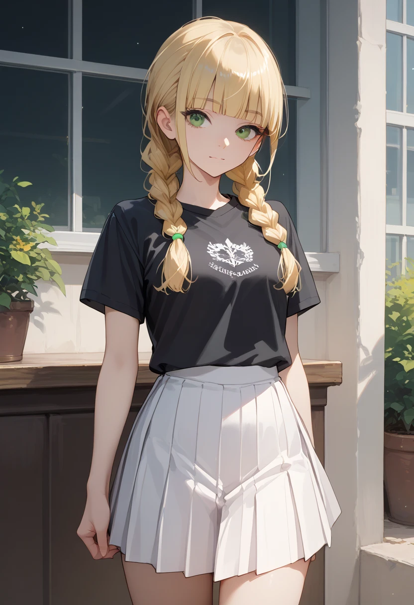 score_9, score_8_up, score_7_up, source_anime,long hair/ponytail, blonde hair, green eyes, braid,twin braids, blunt bangs,shirt, skirt, white skirt, short sleeves, black shirt, pleated skirt, t-shirt

