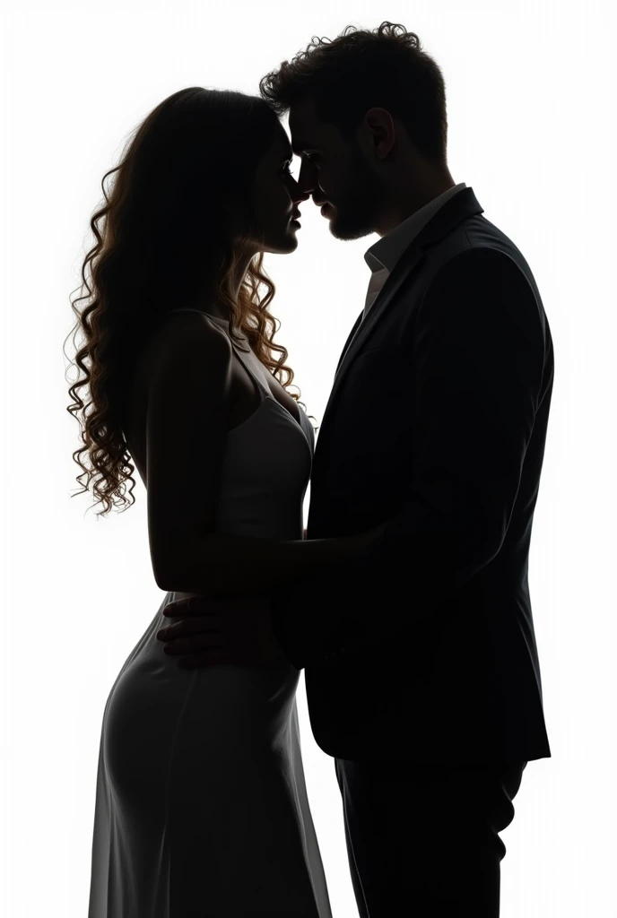 Black and white almost realistic drawing of a couple whose faces are shrouded in shadows, It's full-bodied and also, The two are looking at each other