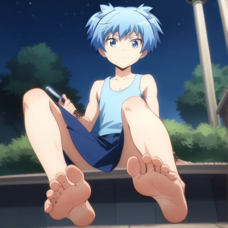 Score_9, score_8_up, source_anime, 1boy, Nagisa Shiota, big eyes, alone, looking at viewer, in the garden, night, sitting, cowboy shot, ANIME SCREENCAP, anime coloring, barefoot, perfect feet, anatomically correct, soles, low angle, focal length 35mm, each foot has five toes, front, symmetrical soles, foot focus, blue skirt, blue tank top, blue hair, holding blue heels in his hand